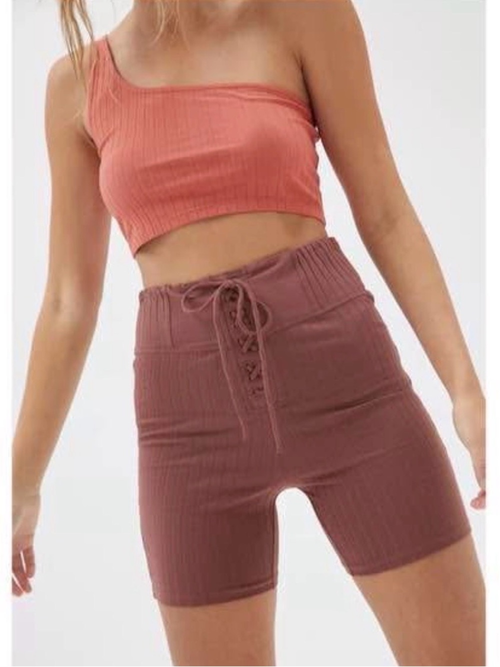 Urban Outfitters Ribbed 96% cotton Drawstring Bike Shorts - Rust